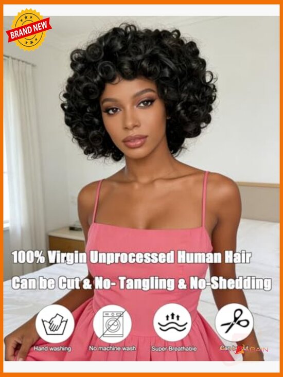 Short Curly Human Hair Wig With Bangs 180% Density Glueless Beginner Friendly main image 4